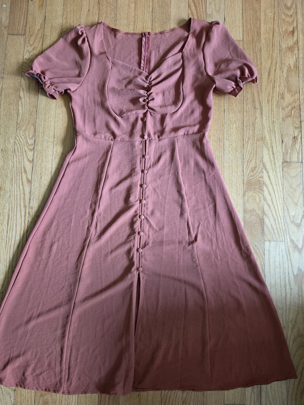 Puff Sleeve Flowy Button-Front Midi Dress Camel Brown Sz L - Picture 2 of 6